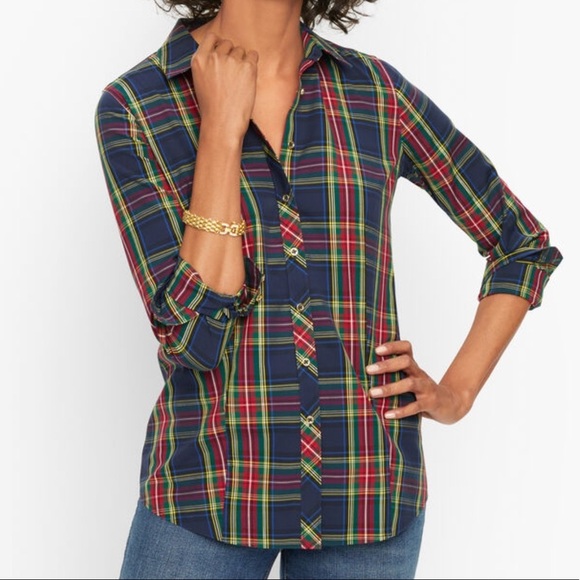 Talbots perfect shirt button up long sleeve plaid tartan navy red petite 4 new - Picture 1 of 6